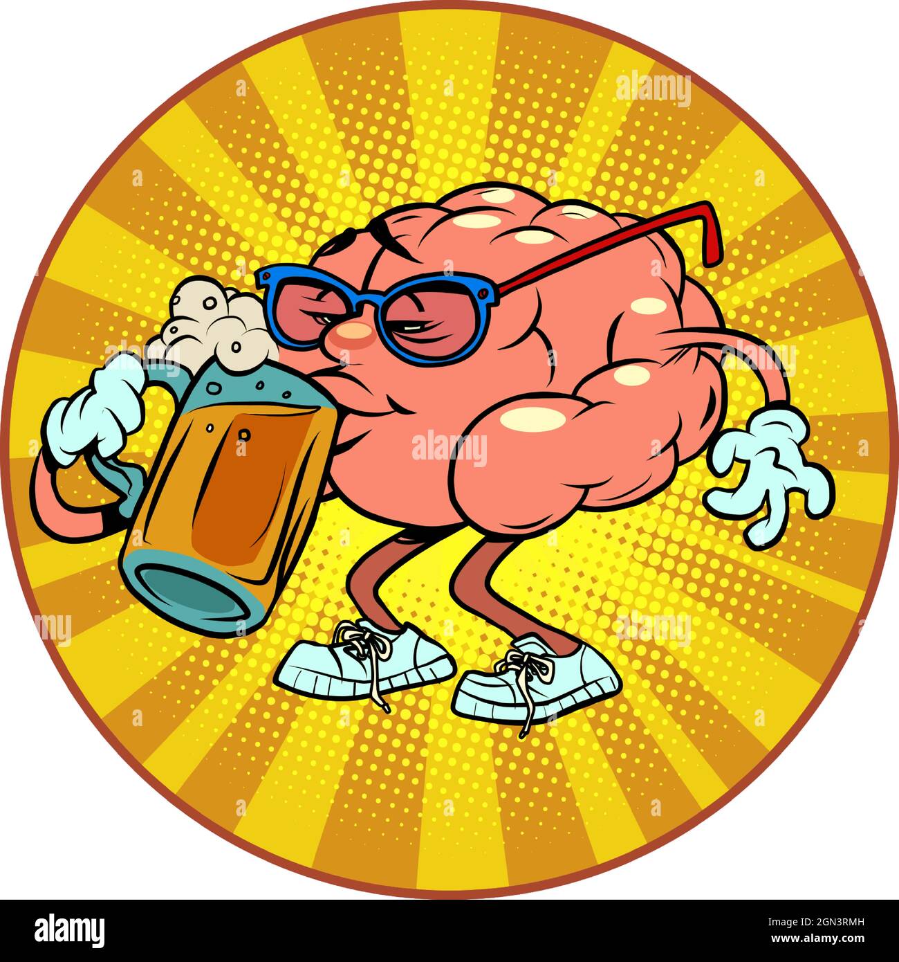 drinks beer at the bar human brain character, smart wise Stock Vector