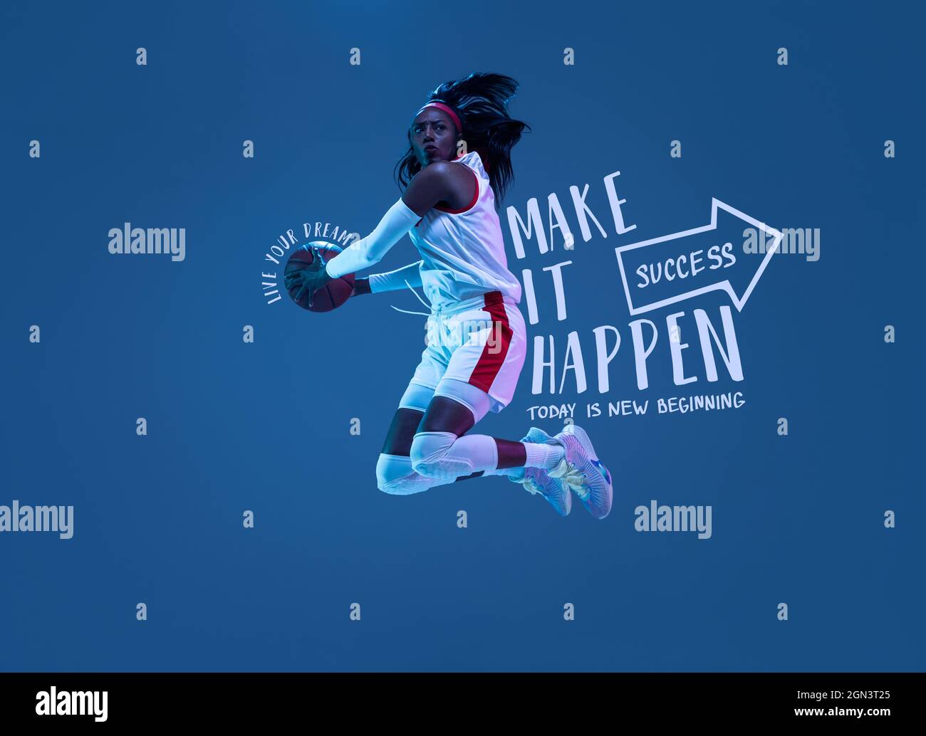 Artwork. Sportive african-american woman, female basketball player in motion and action in neon light on blue background with lettering, graphics Stock Photo