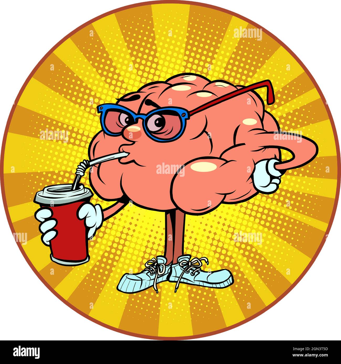 drinks a cold drink cola human brain character, smart wise Stock Vector