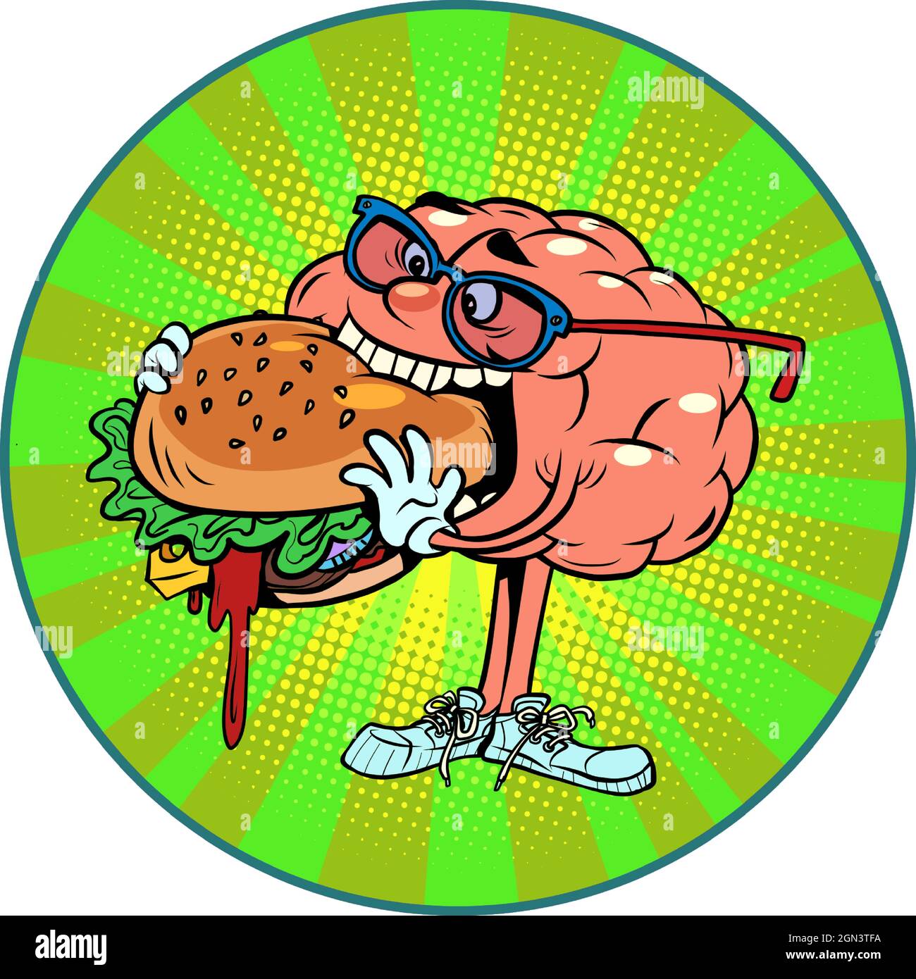 eat delicious fast food burger human brain character, smart wise Stock Vector