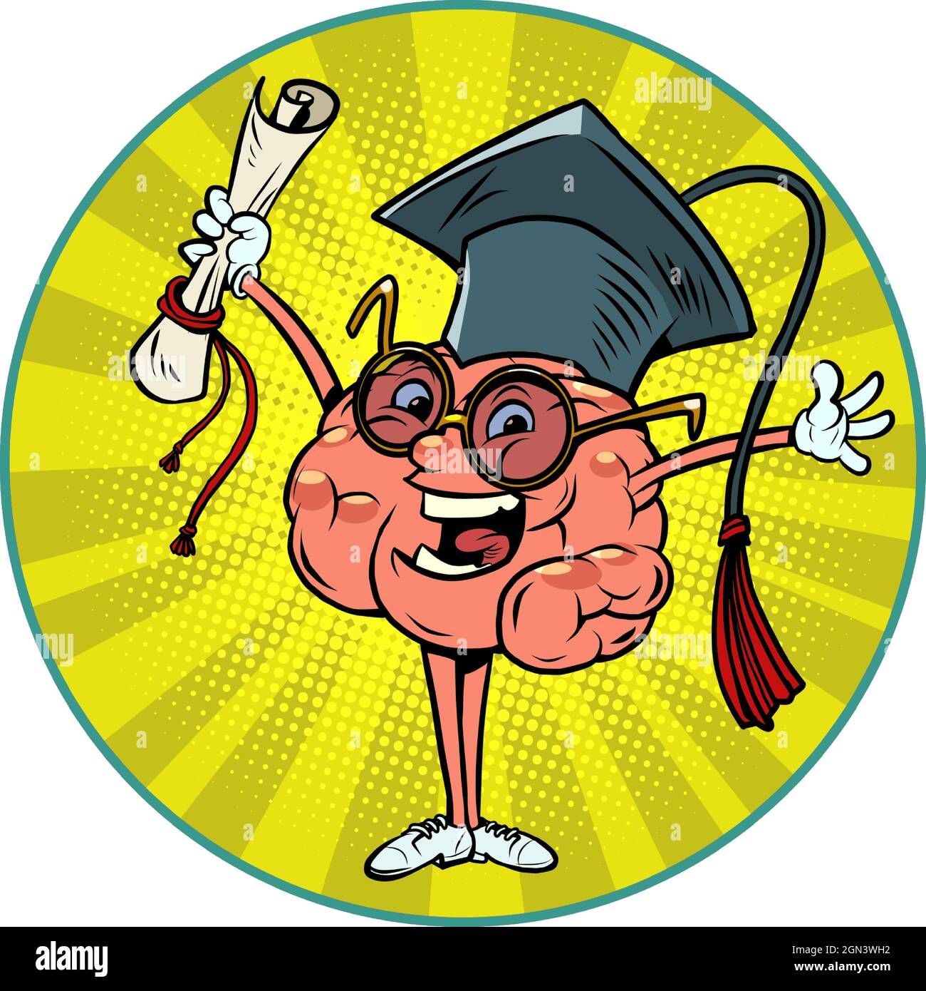 a college or university graduate with a diploma in uniform human brain character, smart wise Stock Vector