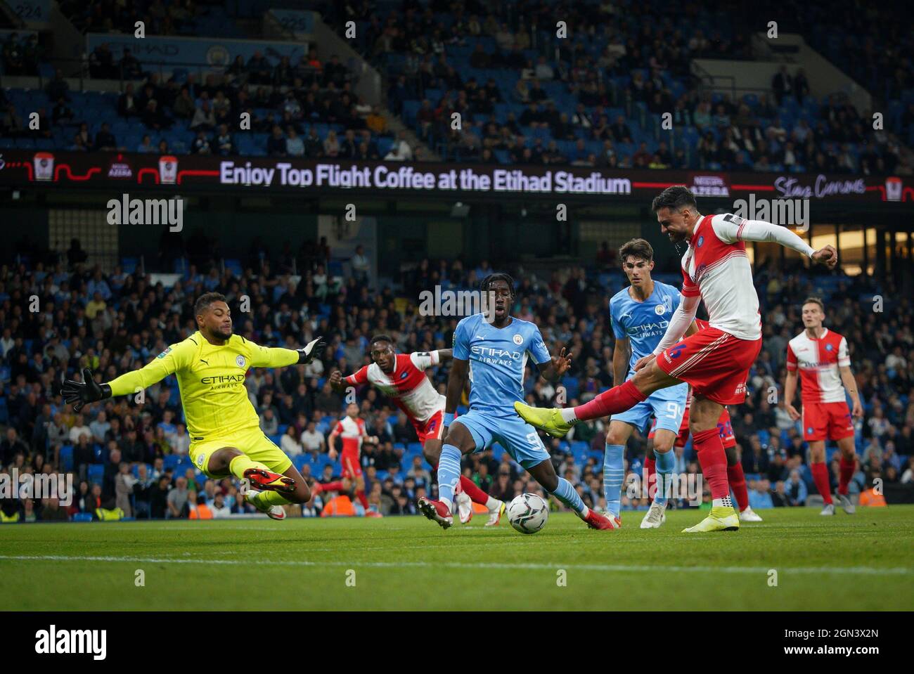 Manchester, UK. 21st Sep, 2021. Ryan Tafazolli of Wycombe Wanderers with the assist for the goal during the Carabao Cup match between Manchester City and Wycombe Wanderers at the Etihad Stadium, Manchester, England on 21 September 2021. Photo by Andy Rowland. Credit: PRiME Media Images/Alamy Live News Stock Photo