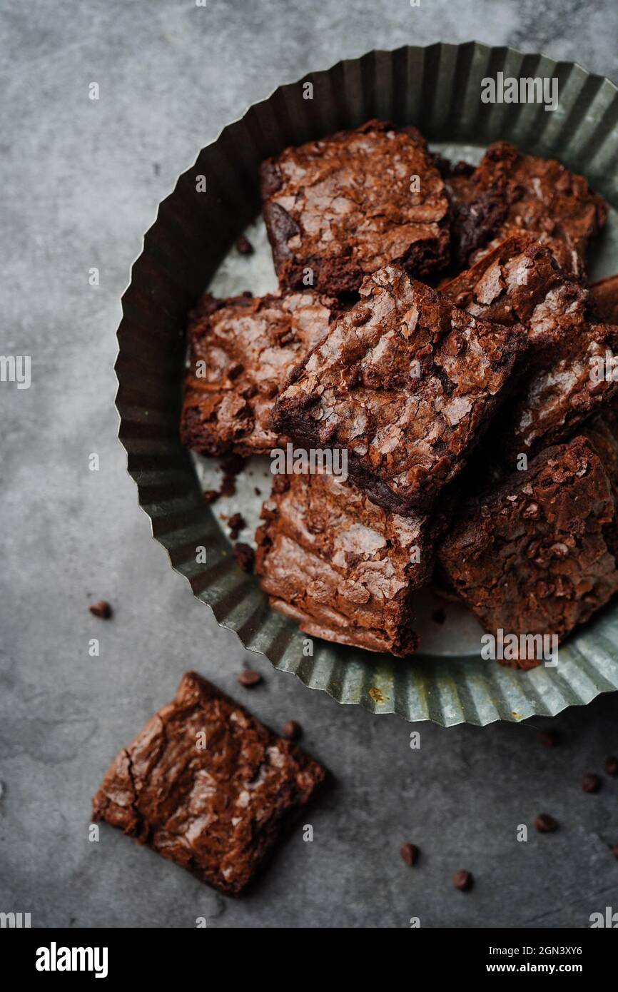 Homemade classic chewy fudge brownies, selective focus Stock Photo