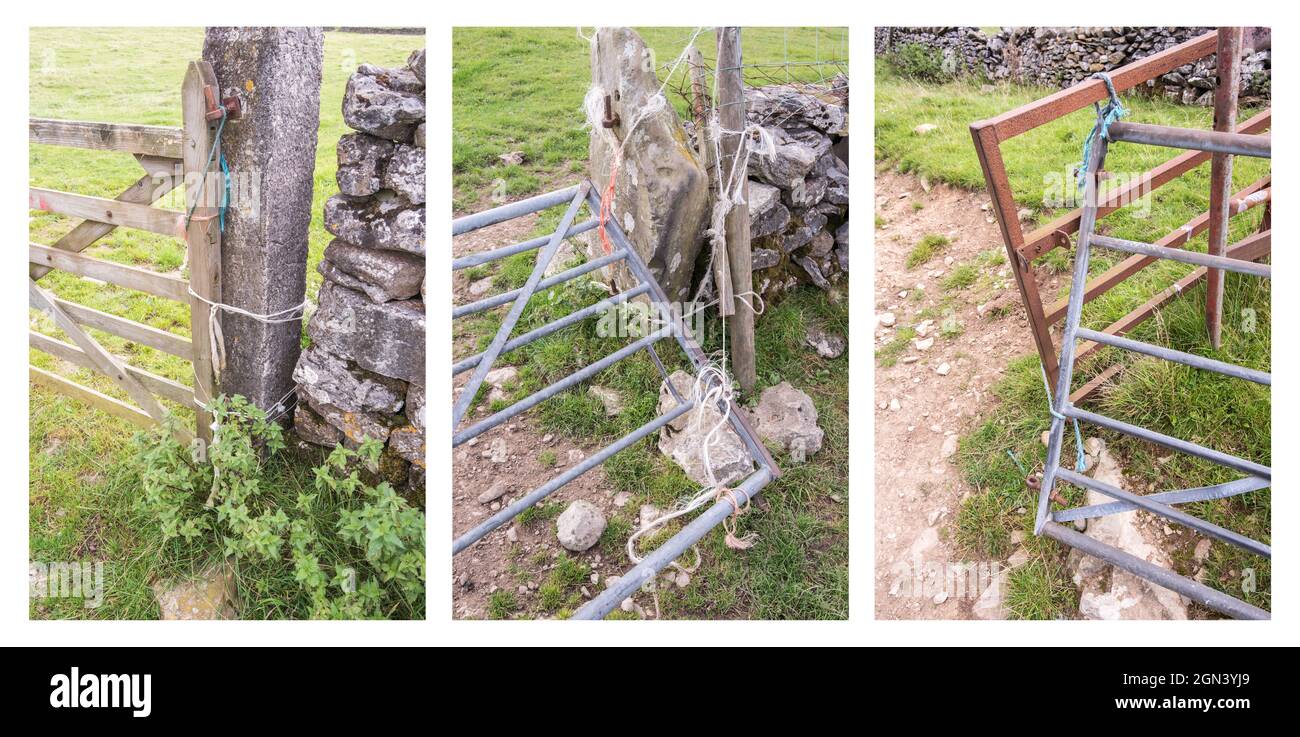 Improvisation and makeshift arrangements using baler twine for repair purposes.  Baler twine often used as a stopgap and to avoid both work & expense. Stock Photo