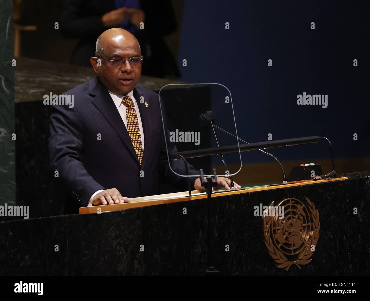 New York, United States. 22nd Sep, 2021. President of the General Assembly during the 76th session Mr. Abdulla Shahid speaks at a High-level meeting to commemorate the twentieth anniversary of the adoption of the Durban Declaration and Programme of Action: 'Reparations, racial justice and equality for people of African descent' as part of the UN General Assembly 76th session General Debate in UN General Assembly Hall at the United Nations Headquarters on Wednesday, September 22, 2021 in New York City. Photo by John Angelillo/UPI Credit: UPI/Alamy Live News Stock Photo