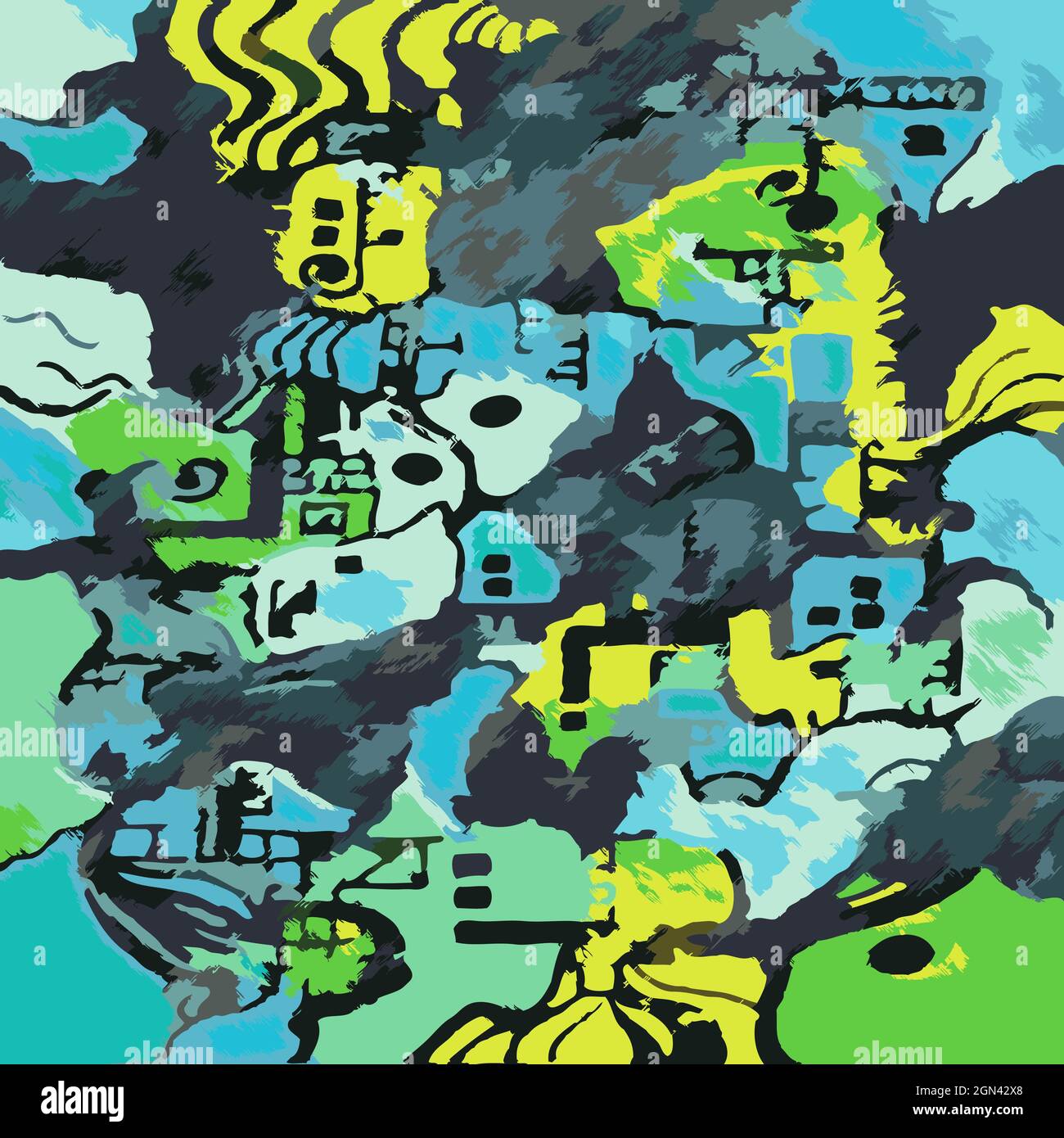 Abstract Digital Illustration Landscape Map Style Pattern Green and ...