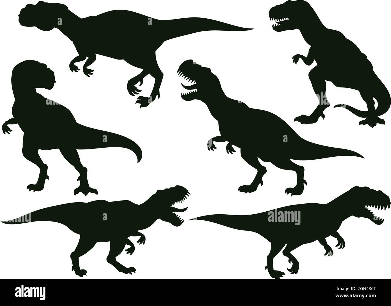 Cartoon jurassic predator tyrannosaurus rex, extinct t-rex silhouette. Jurassic ancient predator, t-rex raptor monster vector illustration set Stock Vector