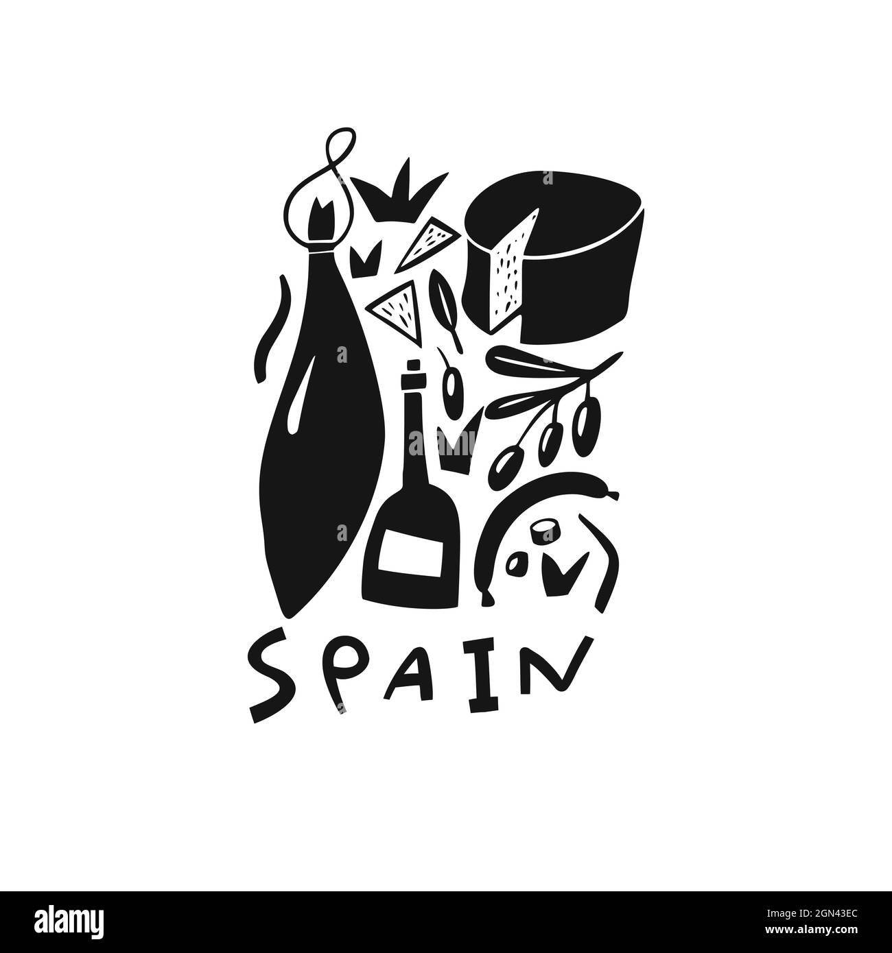 Vector hand drawn symbol of Spain. Travel illustration of Spain Food. Hand drawn lettering illustration. Spanish landmark logo Stock Vector