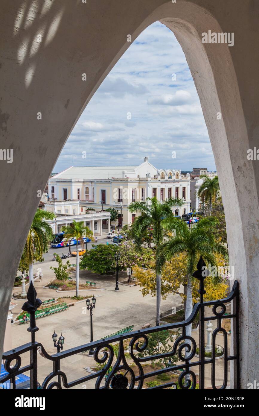 CIENFUEGOS, CUBA - FEBRUARY 11, 2016: Parque Jose Marti square in Cienfuegos, Cuba. View from the tower of Casa de la Cultura Benjamin Duarte. Stock Photo