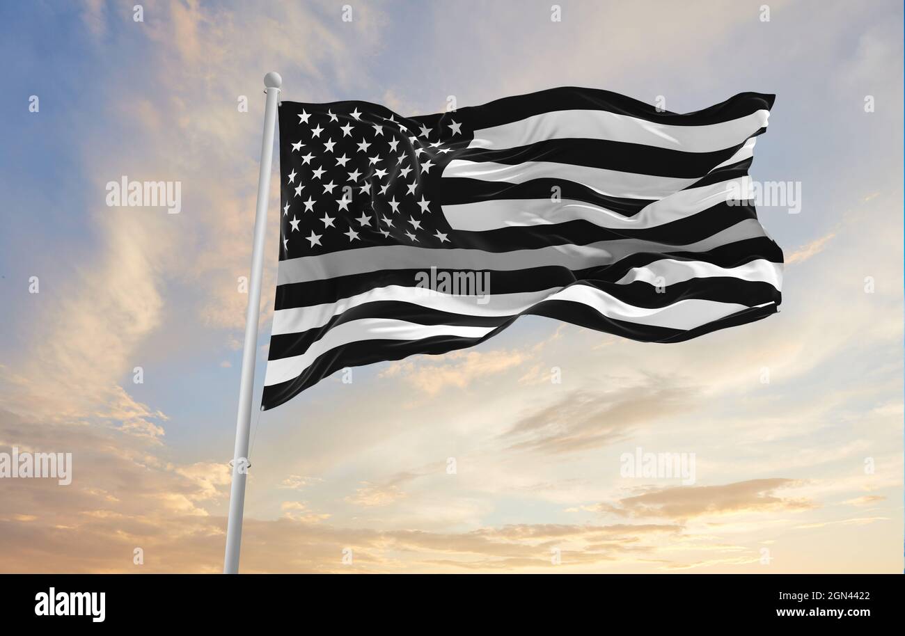 Thin Silver Line USA flag waving at cloudy sky background on sunset, panoramic view. Correction Officers, Jailers Probation Parole Officers, Bailiffs Stock Photo
