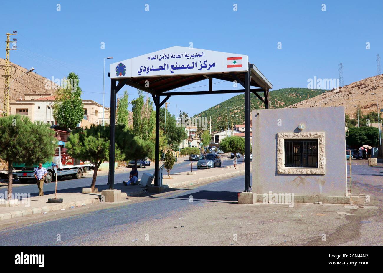 Masnaa border crossing checkpoint, Majdal Anjar, Bekaa Governorate, Lebanon, seen on September 21, 2021. Masnaa is an international authorized border crossing station between Lebanon and Syria. Lebanon has four official crossing checkpoints on Syrian border: Arida, Aboudieh, Ka'a and Masna'a. The Lebanon/Syria border is 394 km (245 miles) long and runs from the Mediterranean coast in the North to the tripartite border with Israel in the South. The border region with Syria is widely affected by smuggling, illegal entries and the spillovers from the Syrian Civil War. (Elisa Gestri/ Sipa USA) Stock Photo