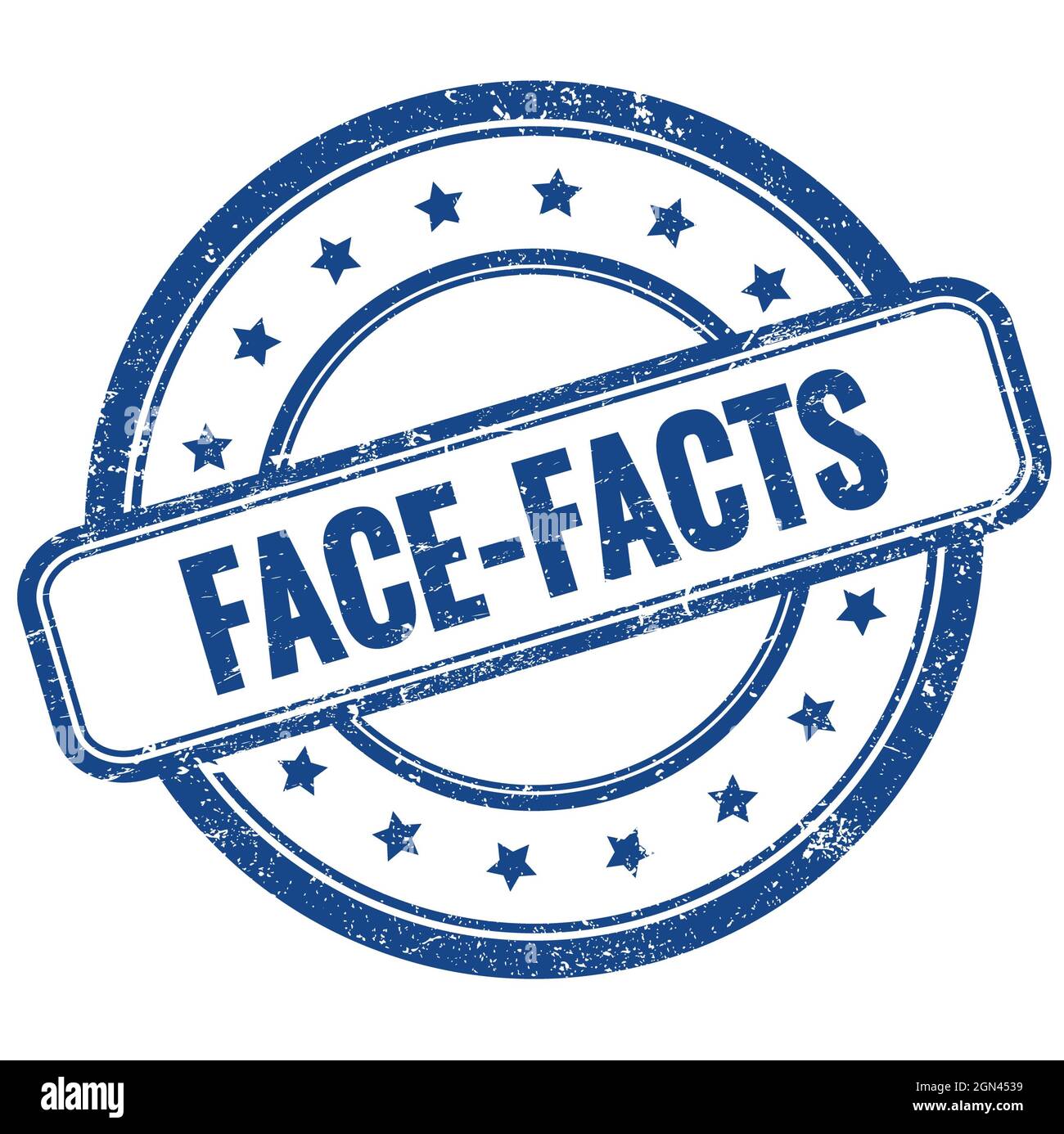 FACE-FACTS text on blue vintage grungy round rubber stamp. Stock Photo