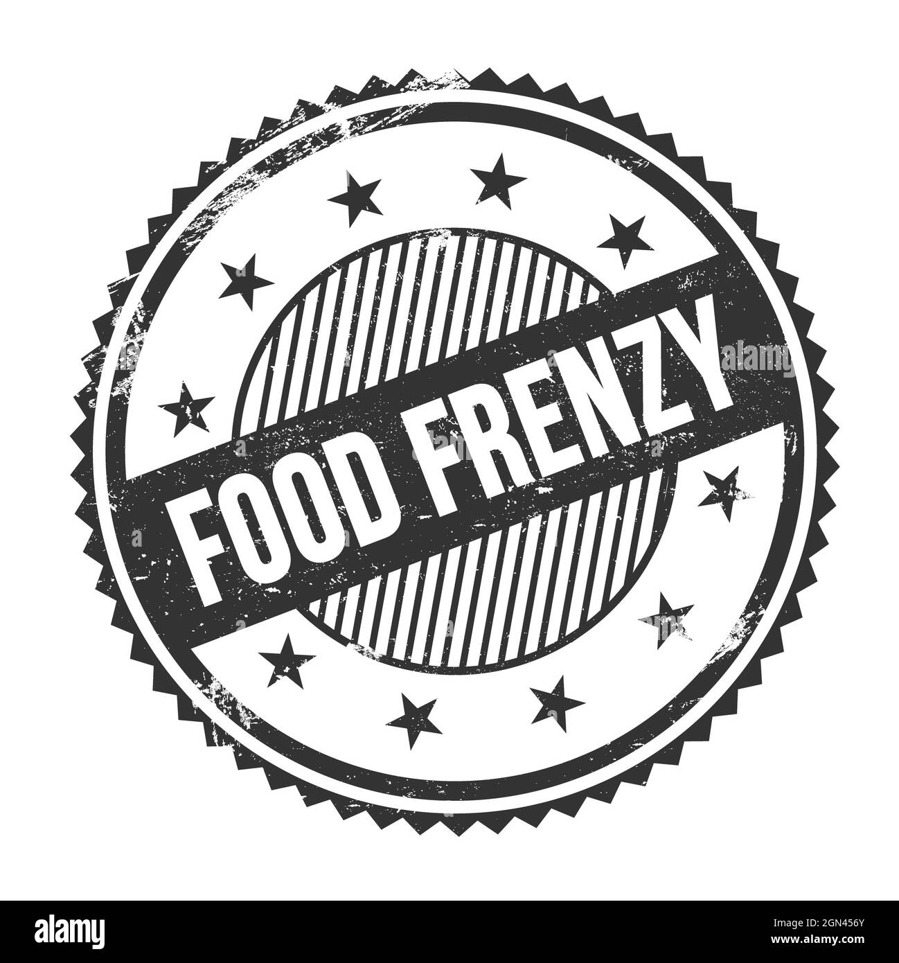FOOD FRENZY text written on black grungy zig zag borders round stamp. Stock Photo