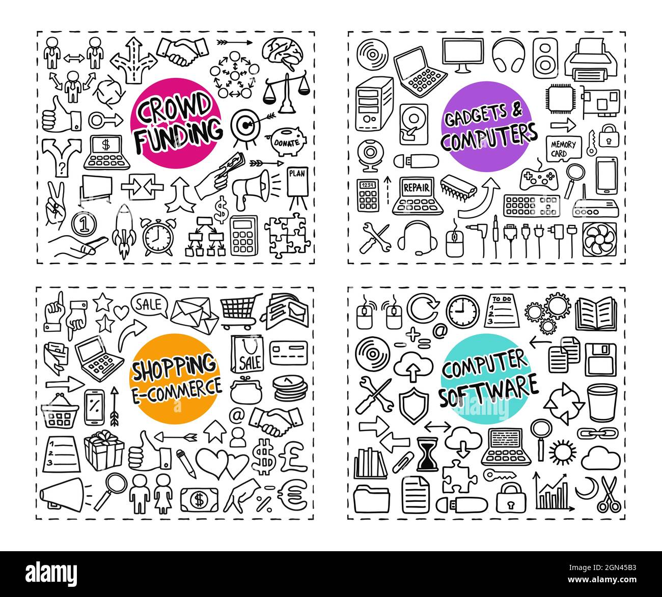 Crowd Funding, Gadgets, Computer Software, Shopping doodle icons set Stock Vector