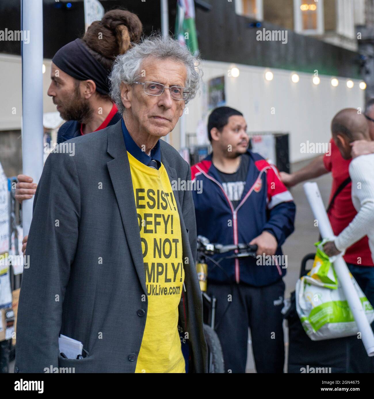 Piers Corbyn, the brother of former Labour Party leader, Jeremy Corbyn, attends an anti-vaccination, anti-lockdown protest outside Downing Street.Anti-vaccination and anti-lockdown protesters demonstrate outside Downing Street as the Prime Minister Boris Johnson carries out a reshuffle of his Cabinet. Stock Photo