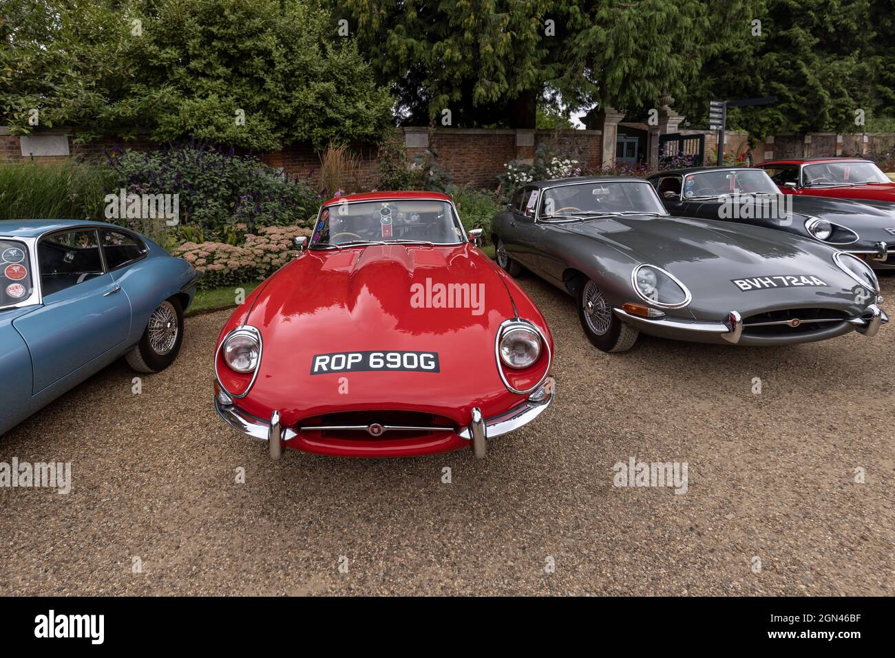 Classic Jaguar E-Type Cars at Concours of Elegance 2021, Hampton Court Palace, London, UK Stock Photo
