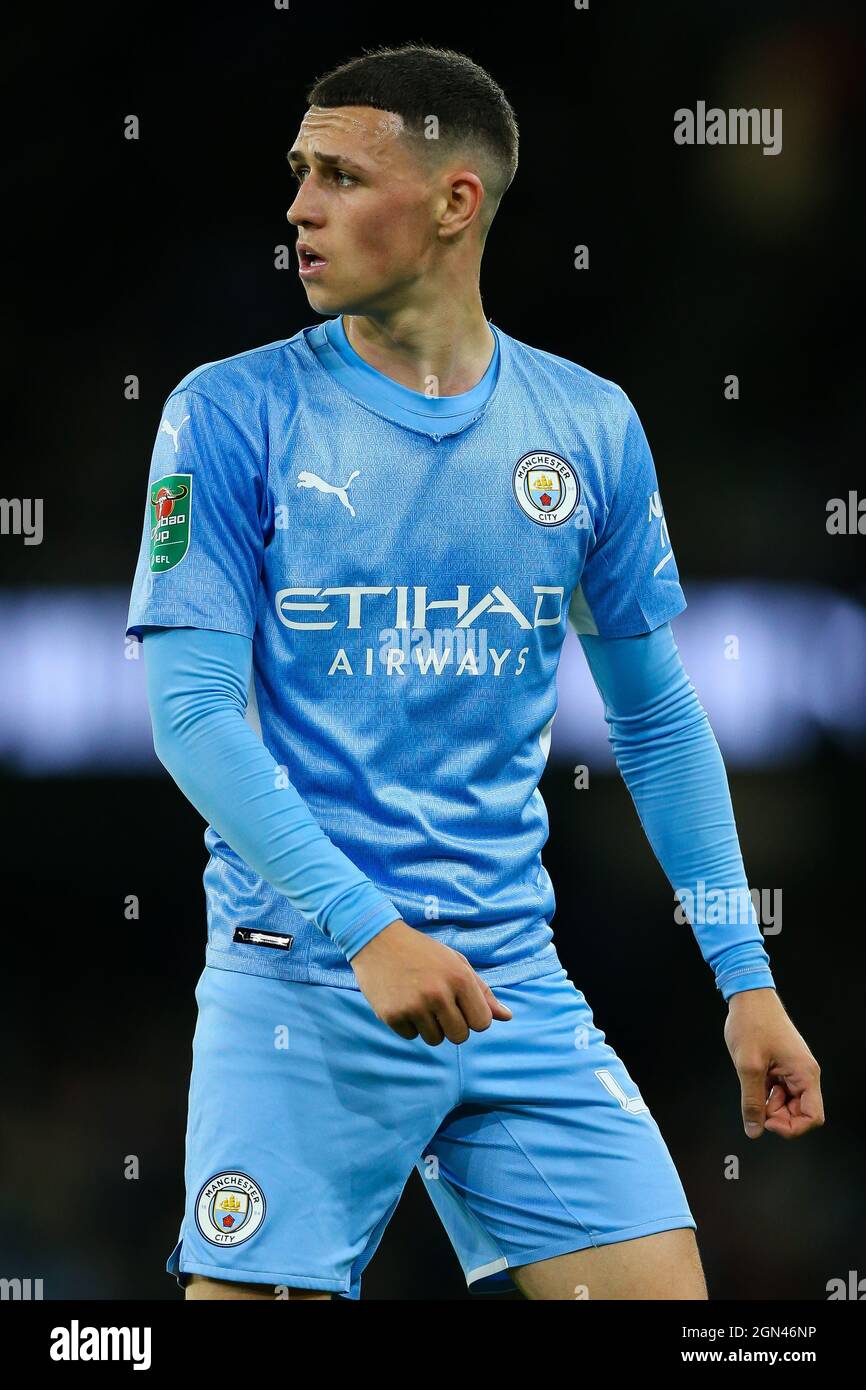 Manchester City's Phil Foden during the Carabao Cup third round match at the Etihad Stadium, Manchester. Picture date: Tuesday September 21, 2021. Stock Photo