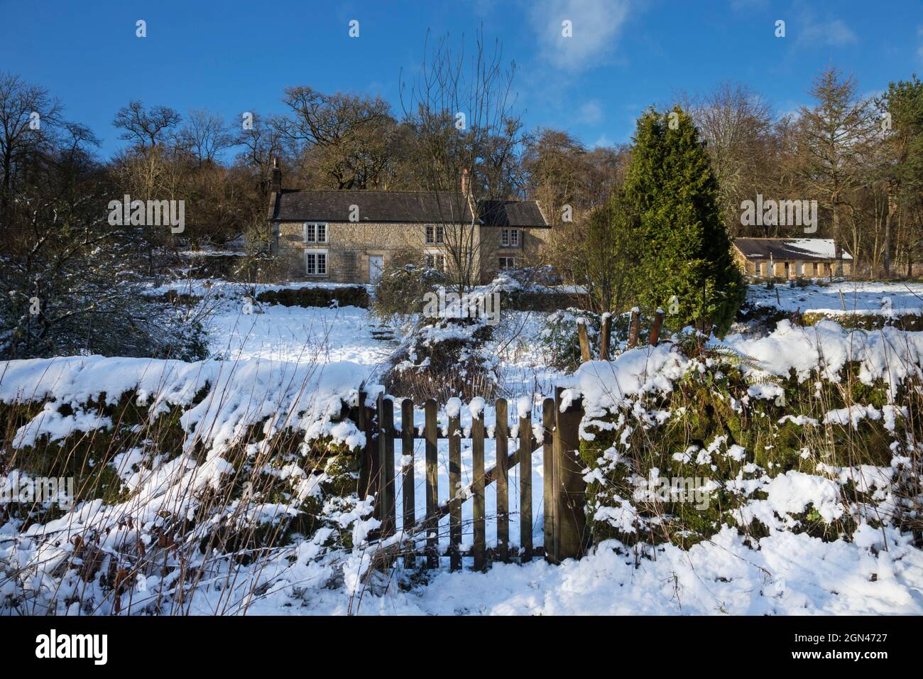 Cottage in snow, Kielder Water and Forest Park, Northumberland, UK Stock Photo