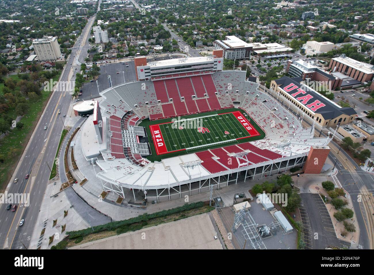 An aerial view of Rice-Eccles Stadium on the campus of the University