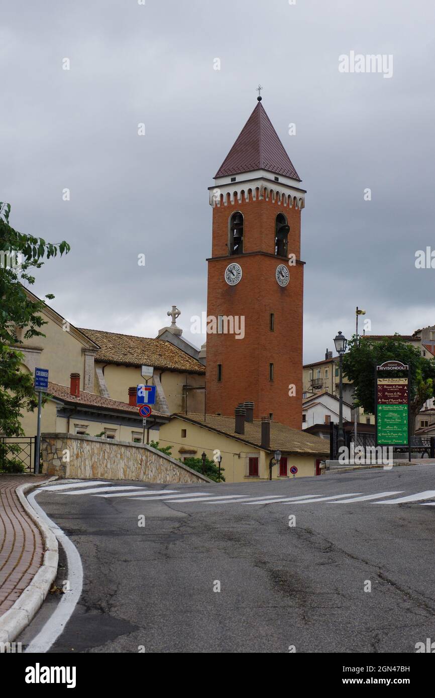 Rivisondoli (AQ)  - View of the characteristic mountain village with the bell tower of the church of San Nicola, symbol of the small vil Stock Photo