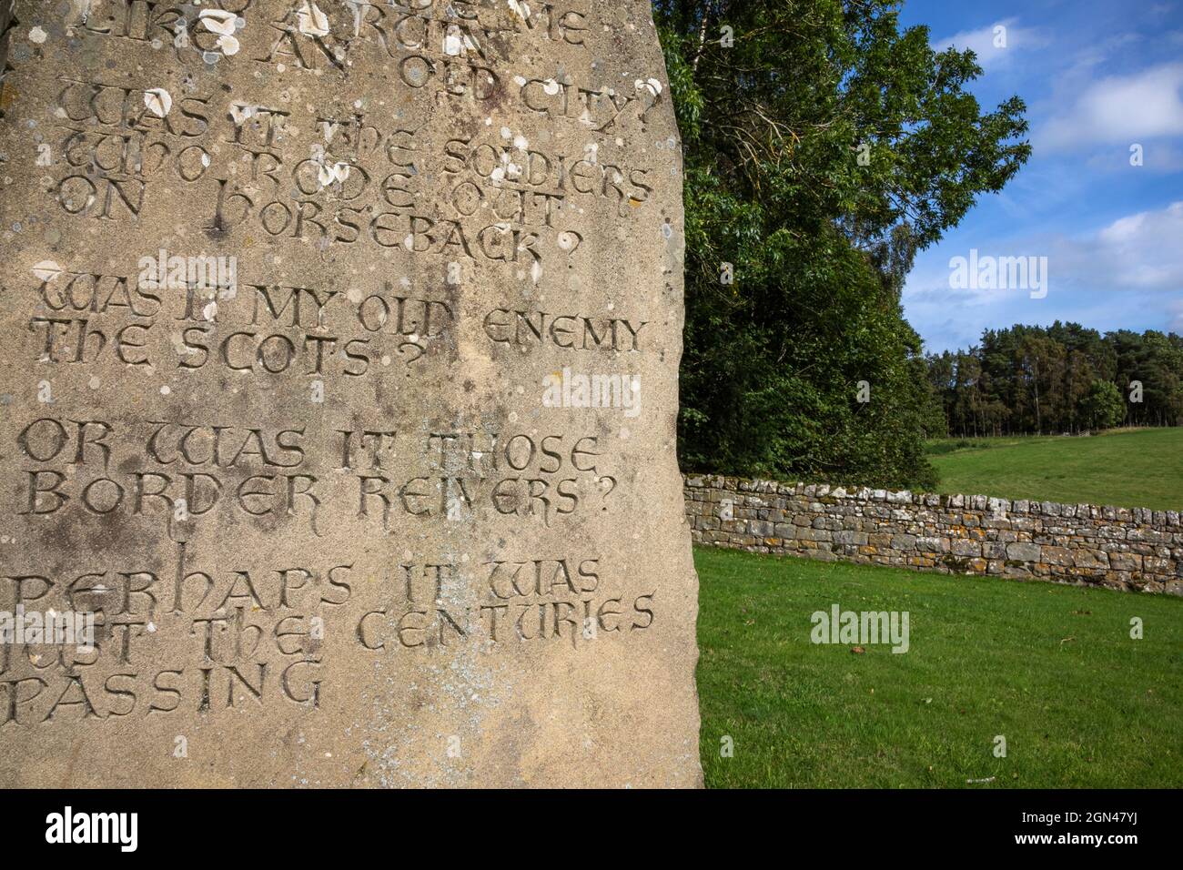 Child's poem carved in stone near Harbottle Castle, Harbottle, Northumberland national park, UK Stock Photo