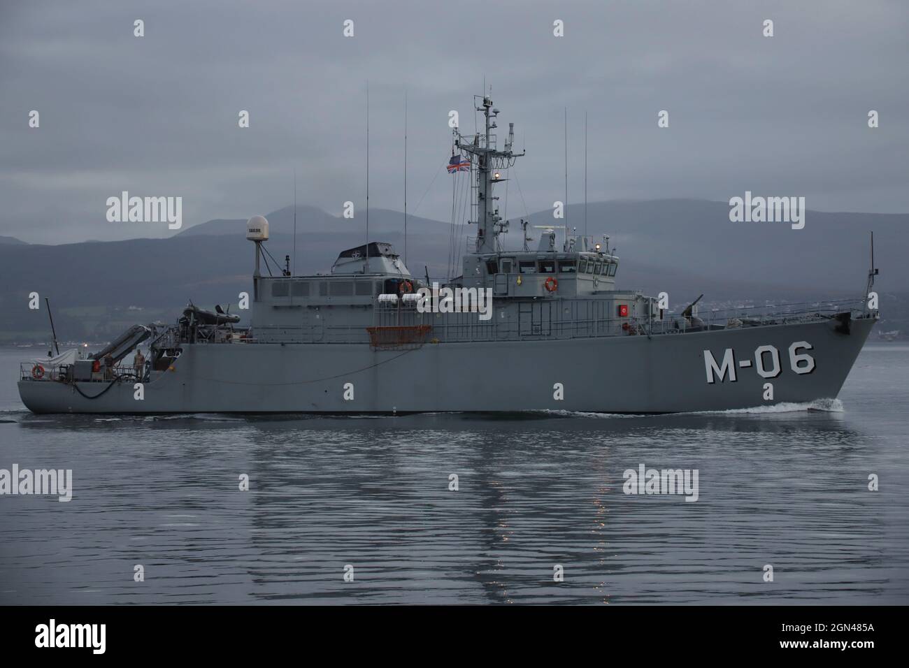 LVNS Talivaldis (M-06), an Alkmaar-class (Tripartite) minehunter operated by the Latvian Navy, passing Greenock on the Firth of Clyde, prior to participating in the military exercises Dynamic Mariner 2021 and Joint Warrior 21-2. This vessel once served in the Royal Netherlands Navy before being decommissioned and sold to Latvia. Stock Photo