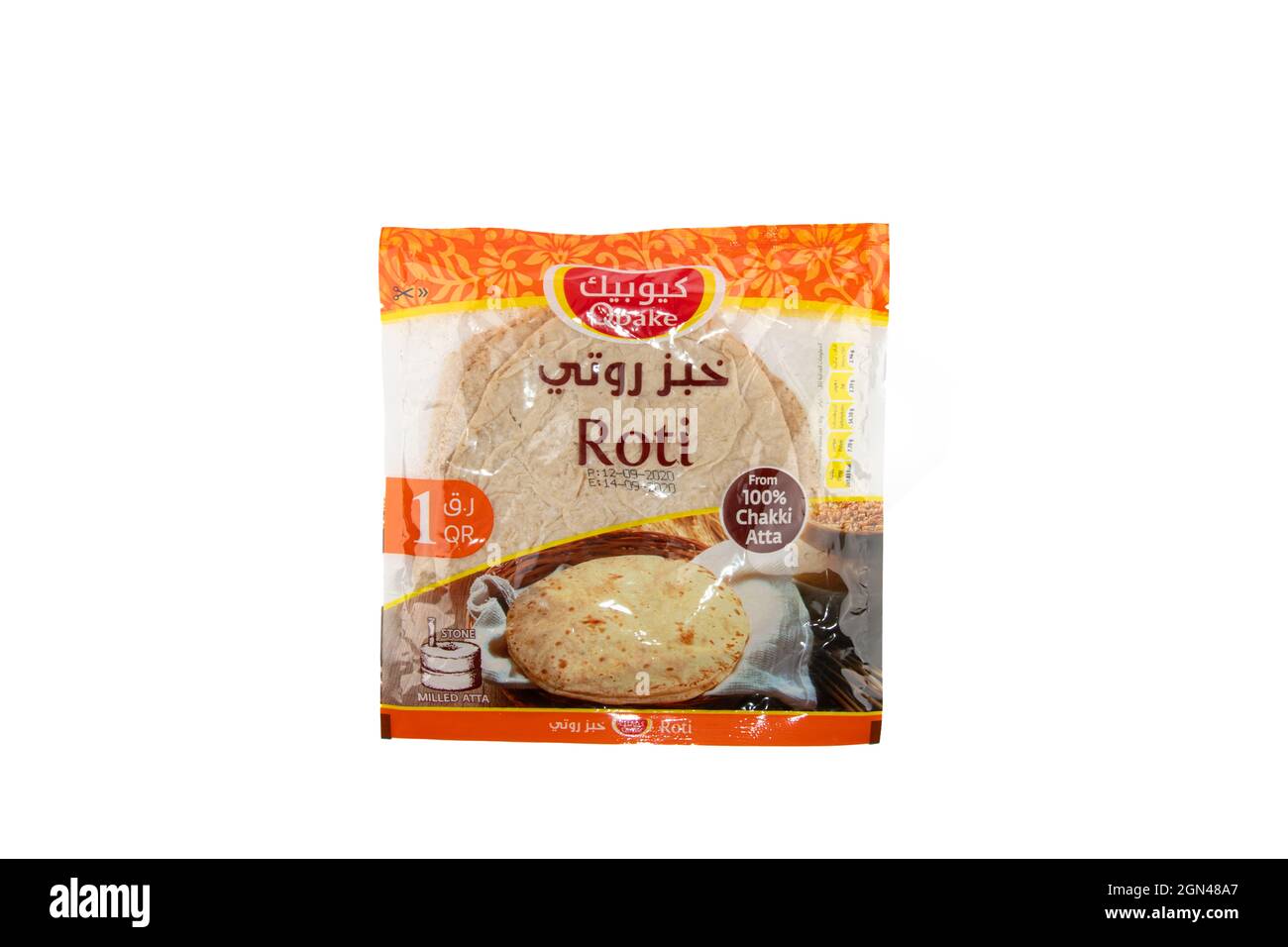 Qbake Roti pack on isolated background Chapati Stock Photo