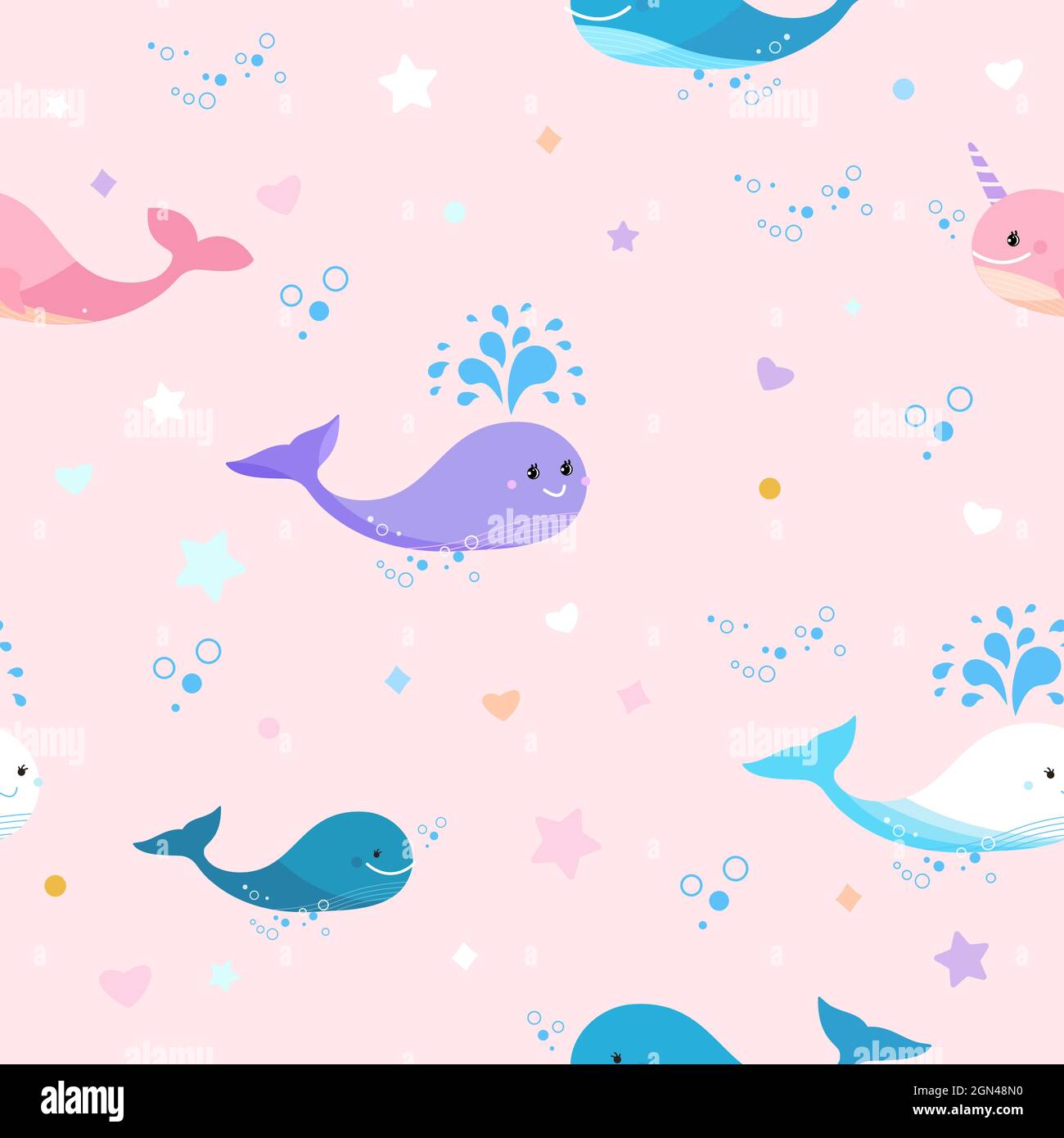 Kids pattern with blue whale and pink narwhal and stars. Cute color whale  seamless pattern Stock Vector Image & Art - Alamy