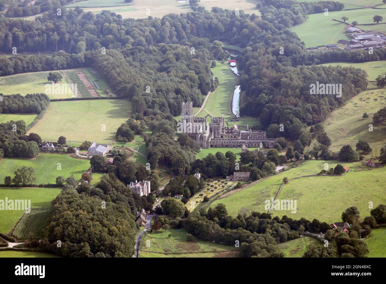 aerial view of Fountains Abbey near Ripon (taken from over 1500') Stock Photo