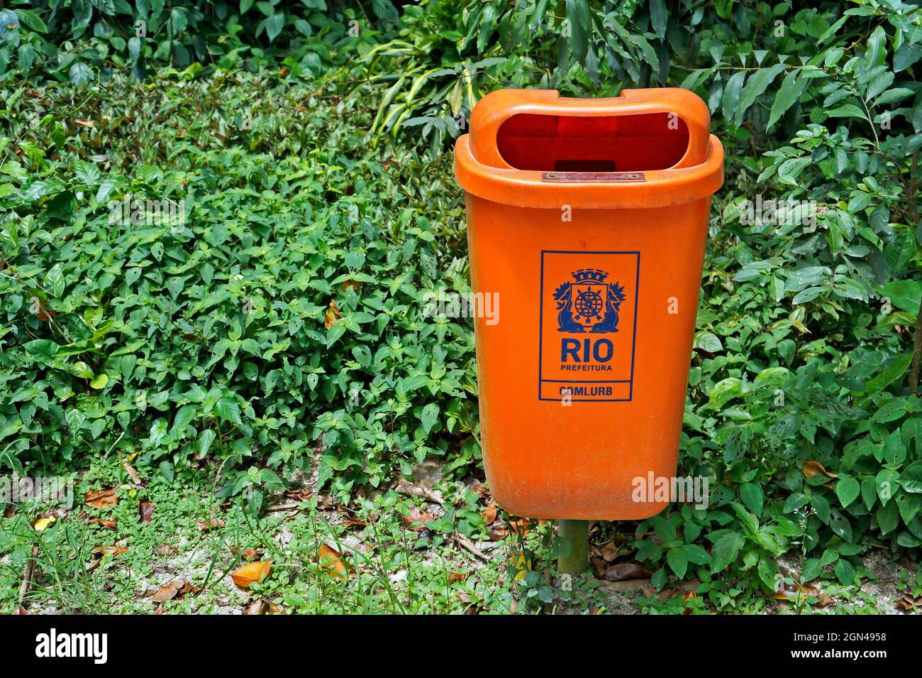 RIO DE JANEIRO, BRAZIL - DECEMBER 21, 2019: Trash can at 'Bosque da Freguesia', public park in the neighborhood of Jacarepagua Stock Photo