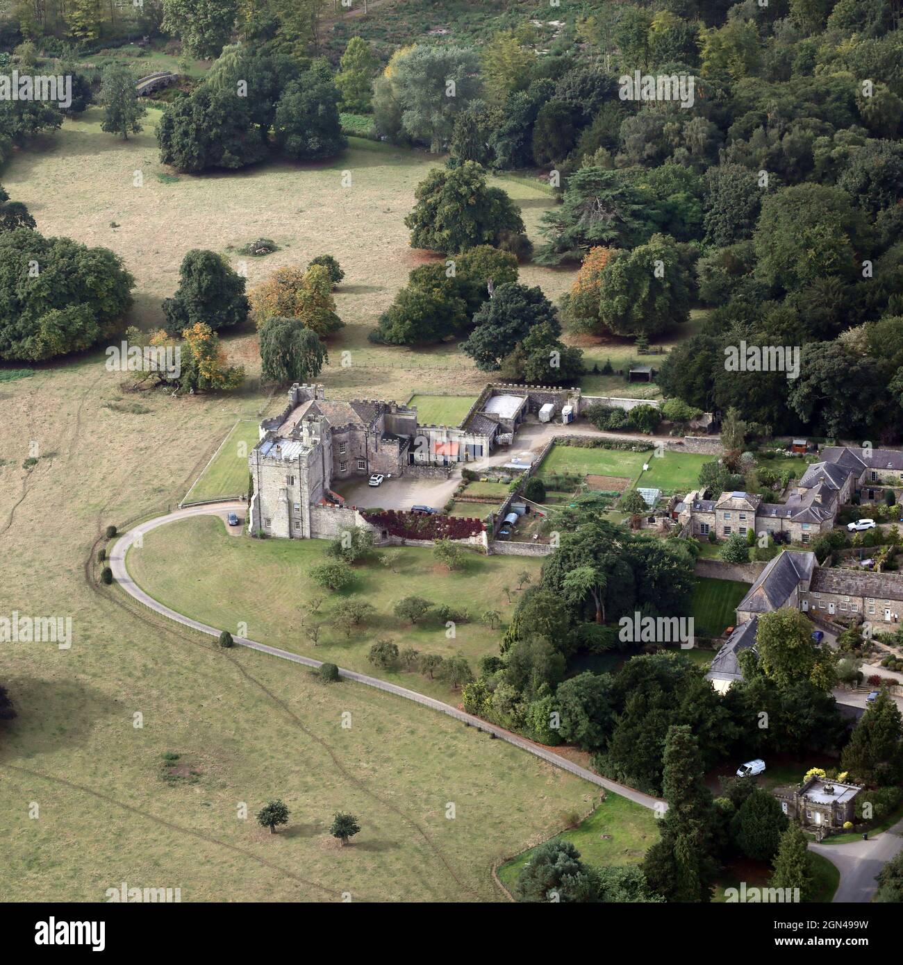 aerial view of a castle style house at Hornby near Bedale, North Yorkshire, DL8 Stock Photo