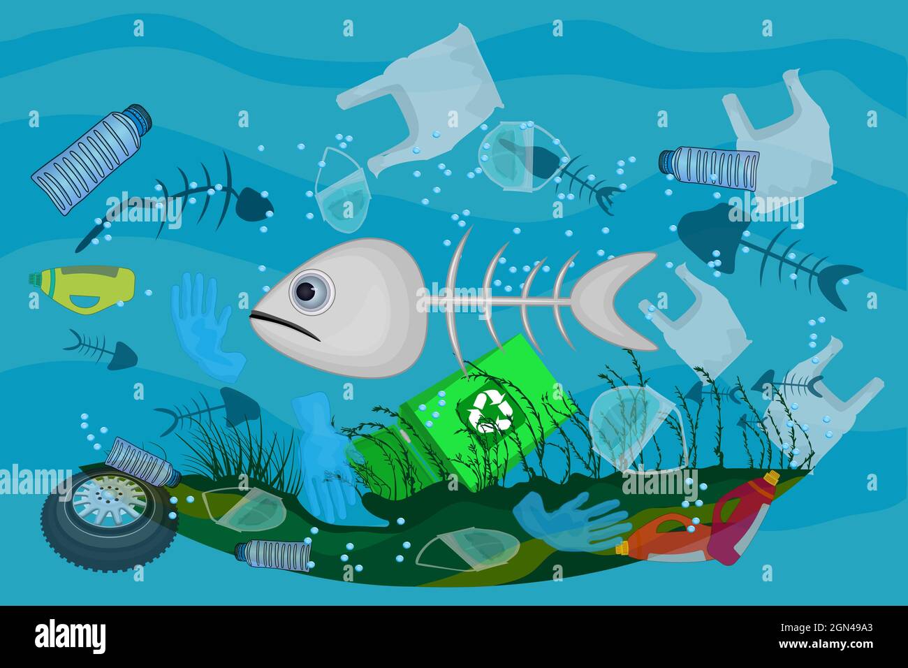 Poster with ocean pollution with litter in ocean, dead sea, dirty water, fish bones, face masks, plastic bottles and bags. Stock vector illustration Stock Vector