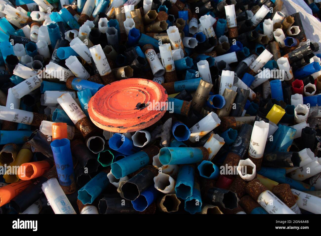Closeup shot of a pile of spent cartridges Stock Photo