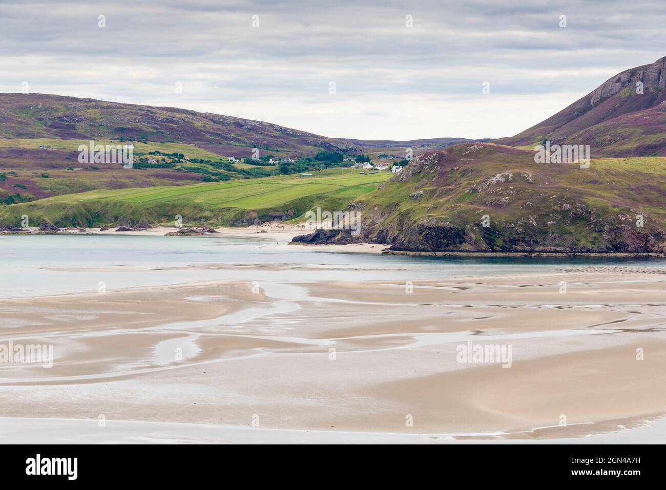 Fields, hills and a scattering of houses lie behind the sandy Coldbackie beach, on the NC500 Scotland, seen across intertidal sandflats of Tongue Bay. Stock Photo