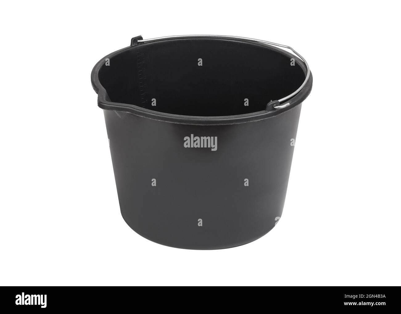 Black plastic bucket with metal handle isolated on white background