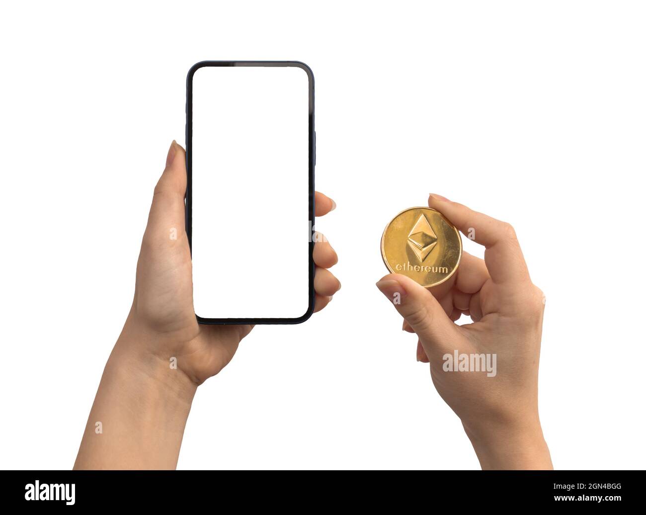 Financial payment with ethereum ETH and mobile phone, blank white screen  mockup, hands with cryptocurrency coin isolated on a white background Stock  Photo - Alamy