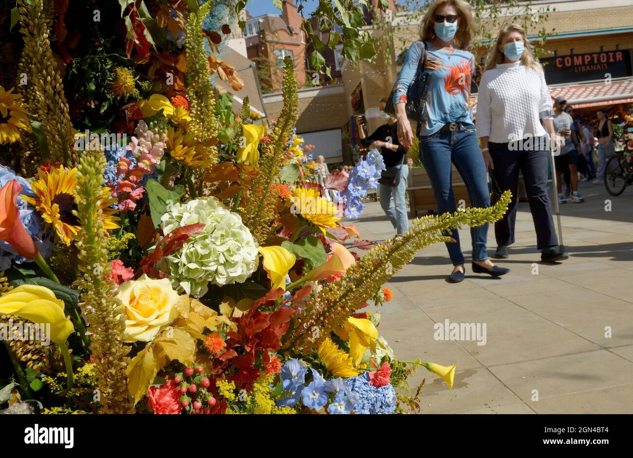 London, UK. 22nd Sep, 2021. Chelsea in Bloom annual floral art show and flower shower in the shops and streets of Chelsea put on to coincide with the Chelsea Flower Show. This years theme - 'Extraordinary Voyage' Credit: Phil Robinson/Alamy Live News Stock Photo