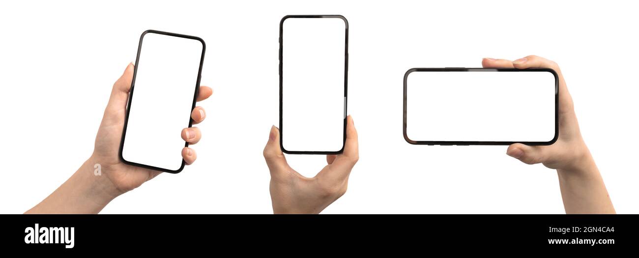 Set of mobile phone mockup screen in hand isolated on a white ...