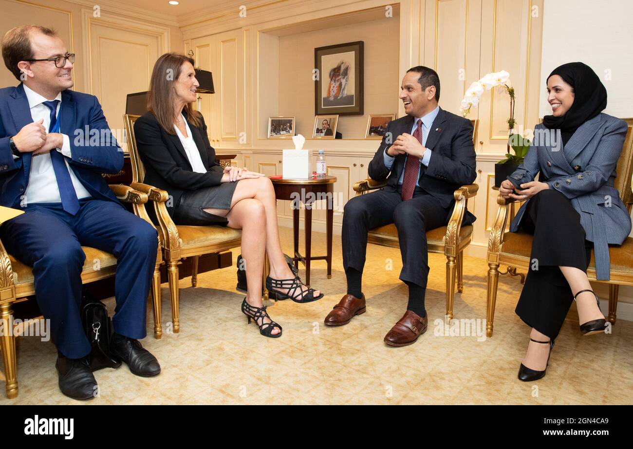 Foreign Affairs Minister Sophie Wilmes meets with Qatar's Ministry of Foreign Affairs Sheikh Mohammed bin Abdulrahman bin Jassim Al Thani during a bil Stock Photo
