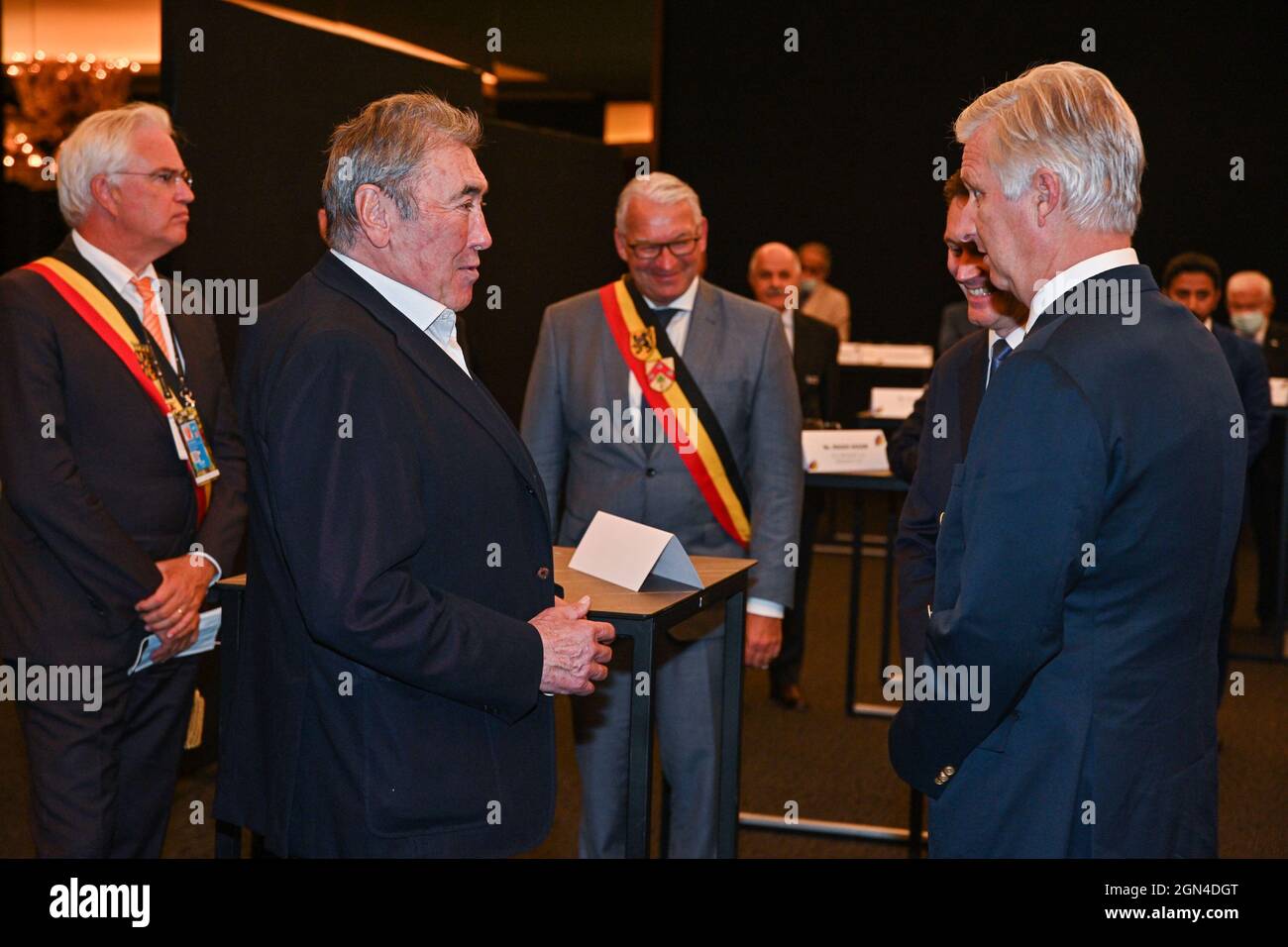 Former Belgian cyclist Eddy Merckx and King Philippe - Filip pictured at a royal visit of the king during the team time trial mixed relay 44,5km from Stock Photo