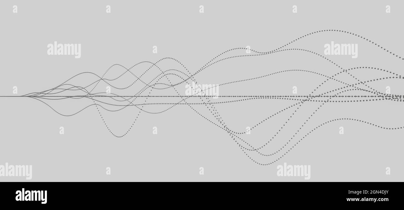 Abstract visualization of flowing sound waves with lines of dots or particles on grey background, minimal conceptual wallpaper Stock Photo