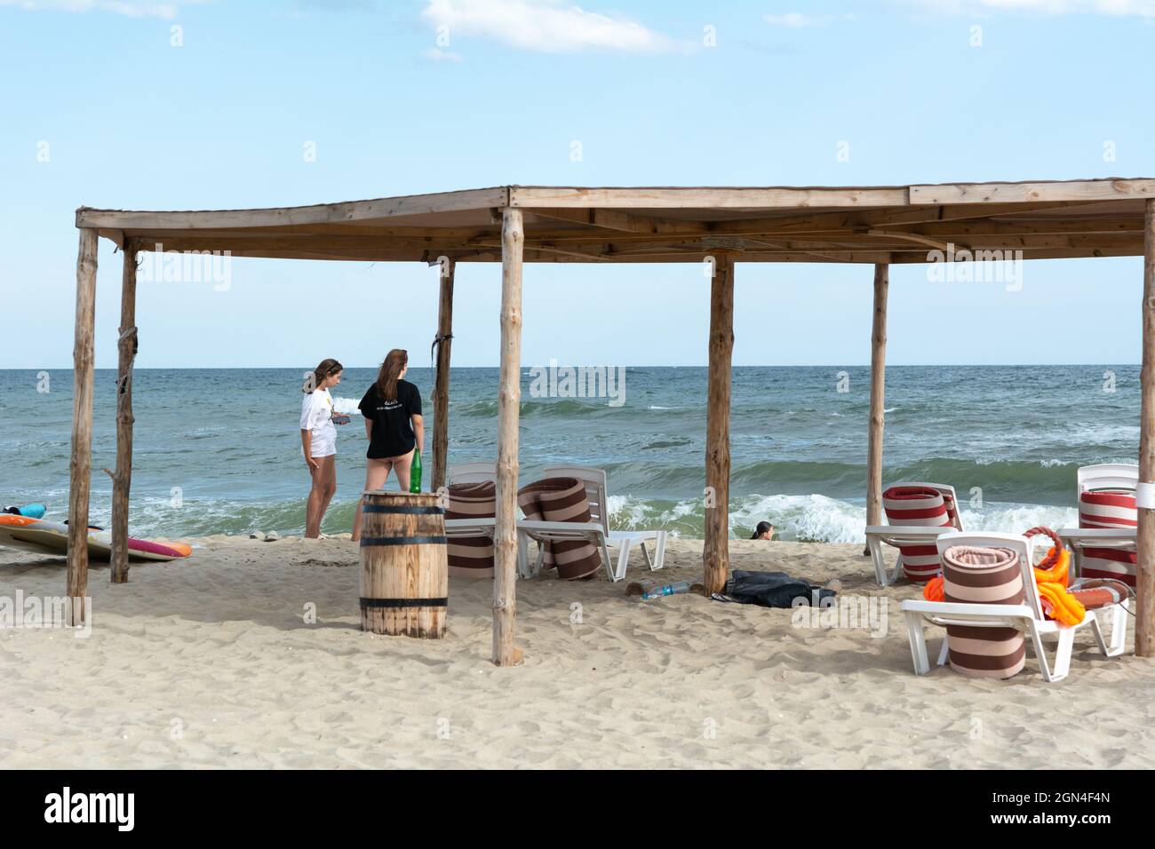 Zatoka, Odessa, Ukraine - September 1, 2021: Water station on the beach of the Robinson Park Hotel, Black Sea Stock Photo