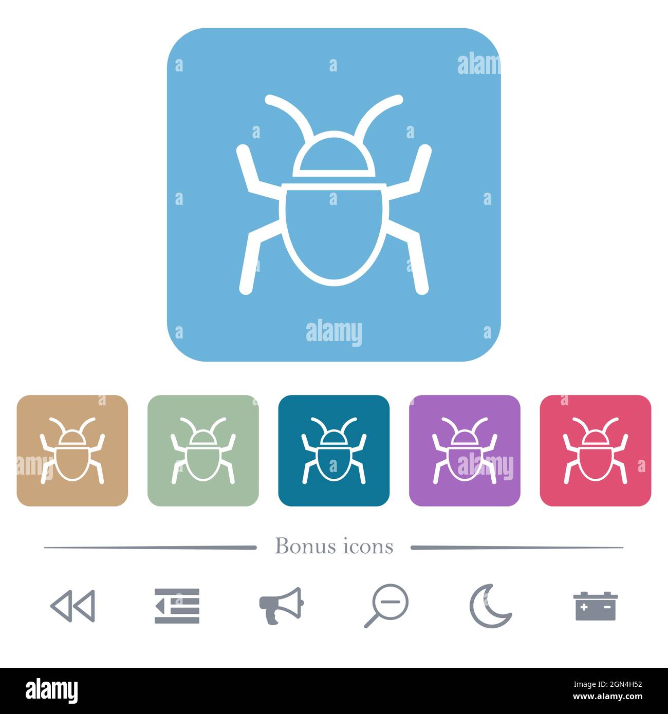 Bug outline white flat icons on color rounded square backgrounds. 6 ...
