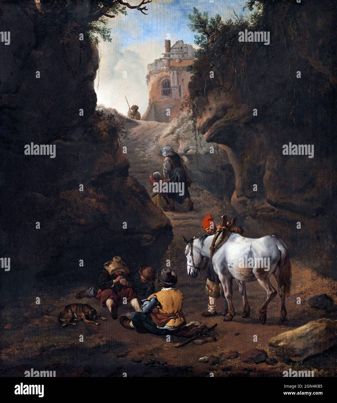 Peasants Playing Cards by a White Horse by the Dutch artist, Philips Wouwerman (1619-1668) Stock Photo