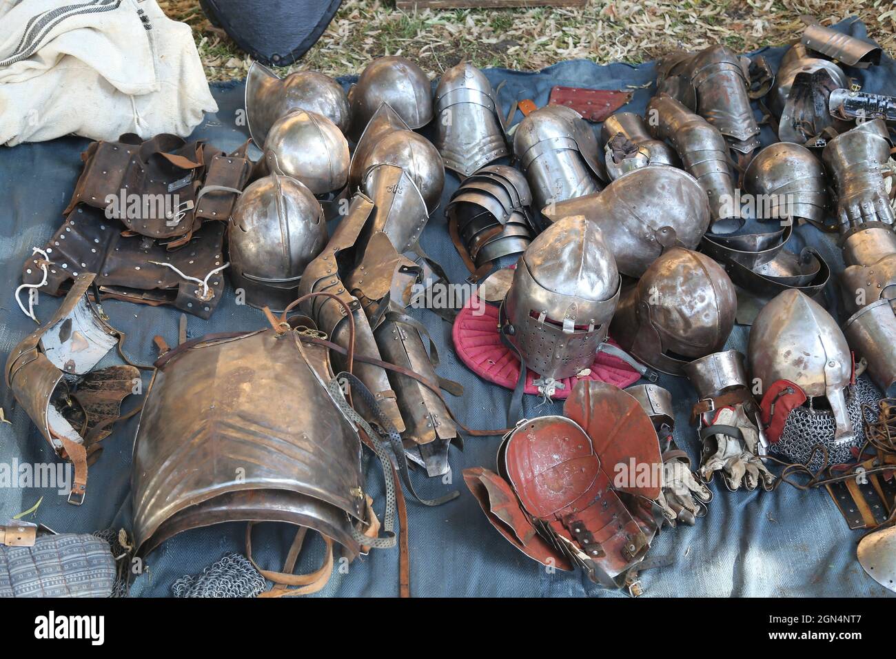 Closeup of the medieval helmets and armor parts Stock Photo Alamy