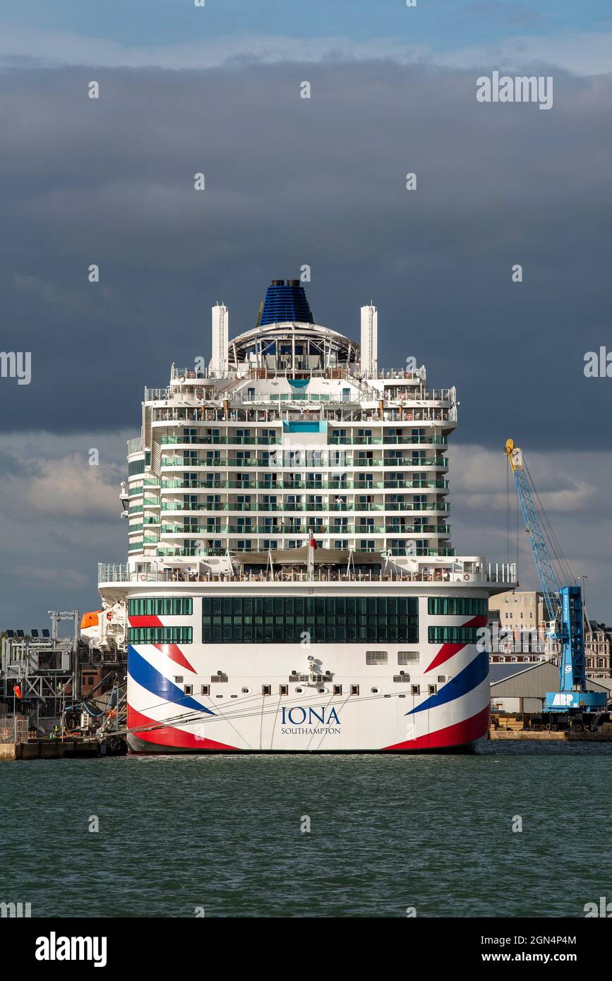 Southampton, England, UK. 2021. Iona cruise ship berthed in her dock