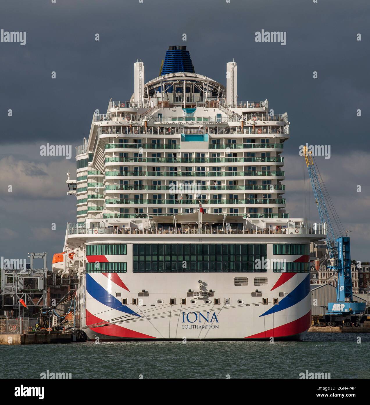 Southampton, England, UK. 2021. Iona cruise ship berthed in her dock, Port of Southampton, UK