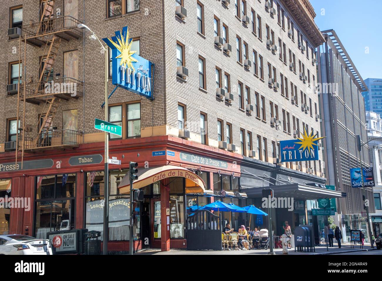 The Hotel Triton and Cafe de la Presse are on the corner of Bush and Grant in San Francisco, California. Stock Photo