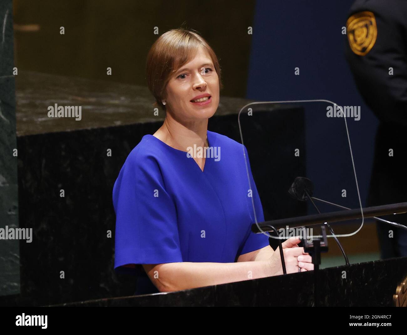New York, United States. 22nd Sep, 2021. President of the Republic of Estonia Kersti Kaljulaid speaks at the UN General Assembly 76th session General Debate in UN General Assembly Hall at the United Nations Headquarters on Wednesday, September 22, 2021 in New York City. Photo by John Angelillo/UPI Credit: UPI/Alamy Live News Stock Photo