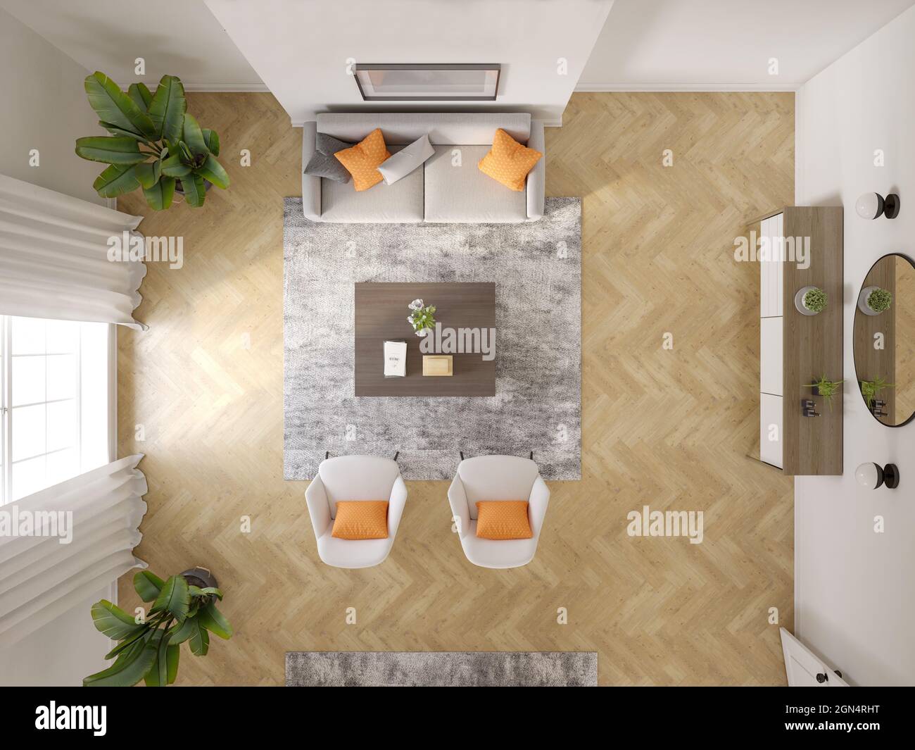 Top view Minimalist Interior of modern living room 3 D rendering Stock